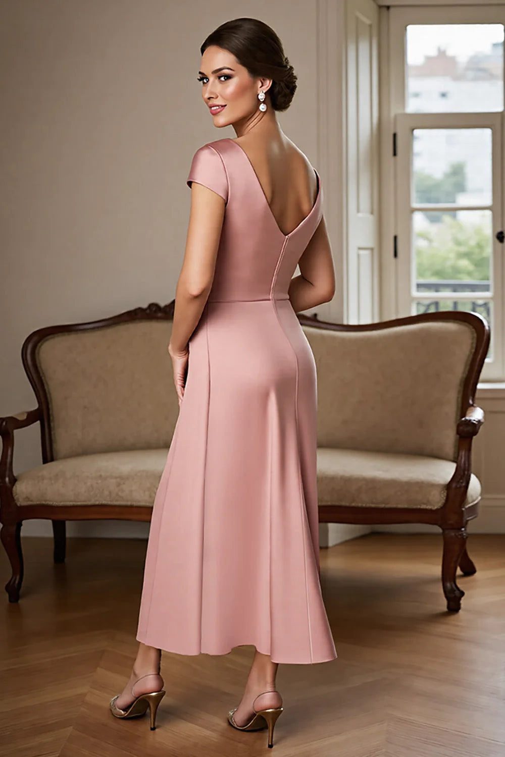Dusty Rose Sheath Satin V-Neck Long Ruched Full Of Charm Mother of Bride Dress